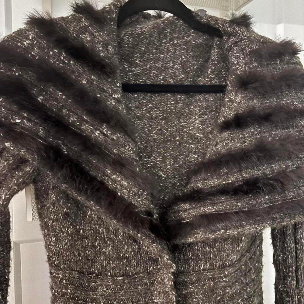 Y2K vintage Brown grey cardigan with mohair wool fur trim #y2k FashionElle - Picture 3 of 8